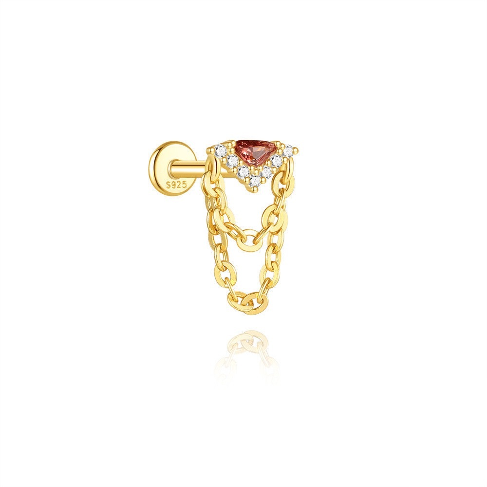 Gold Chain Stud cartilage Earring with Red zirconia
